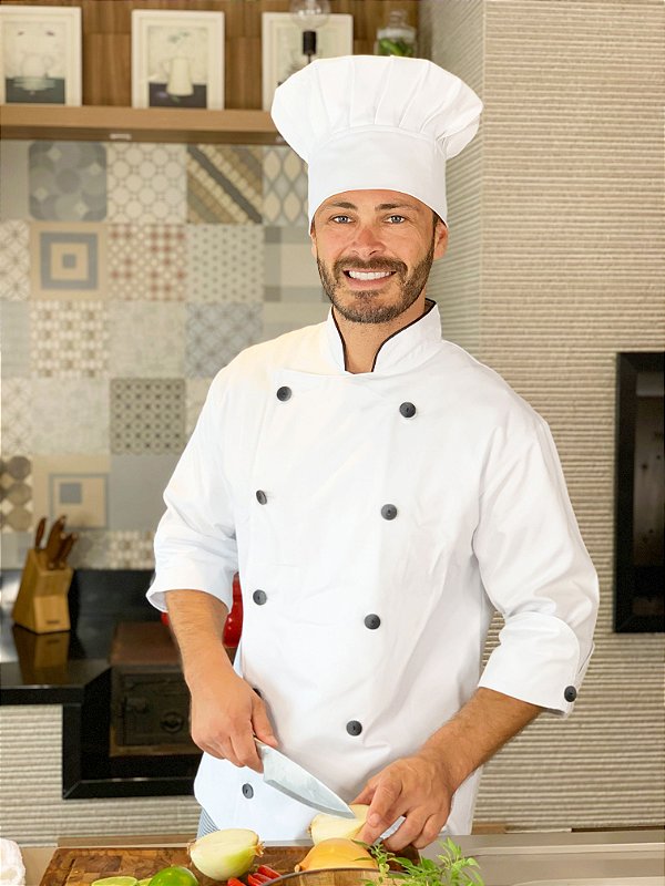 Camisa chefe Cozinha - Dolmãn Stilus Gabardine Italiano cor- Branca - Botões Pretos - Uniblu - Personalizado