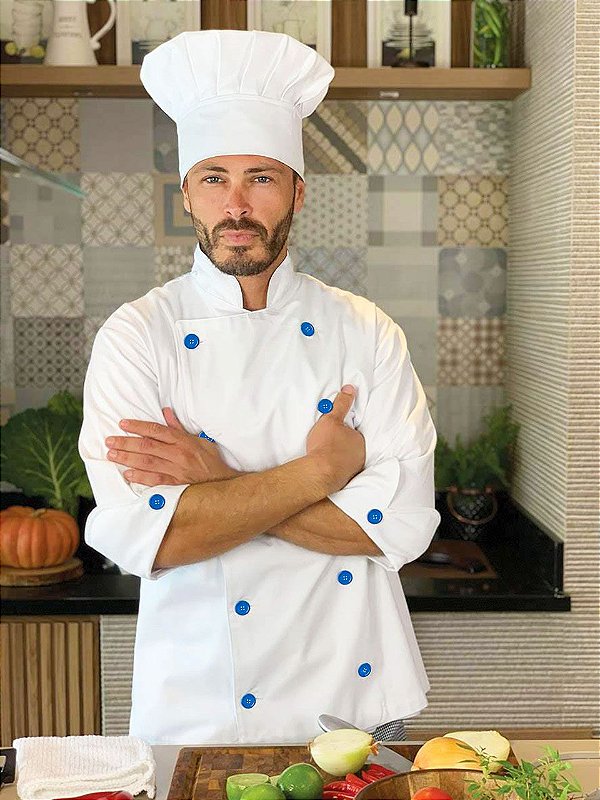 Camisa Masculina Chefe Cozinha - Dolmãn Stilus Branca - Botões Azul Royal - Uniblu - Personalizado