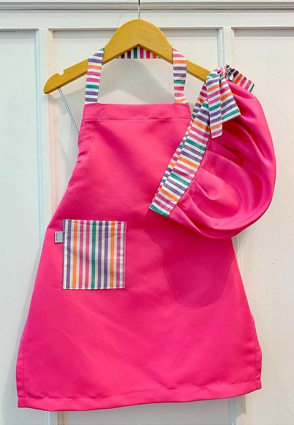 Conjunto - Avental + Gorro Infantil Unikids - Pink Listras Coloridas - Uniblu - Personalizado