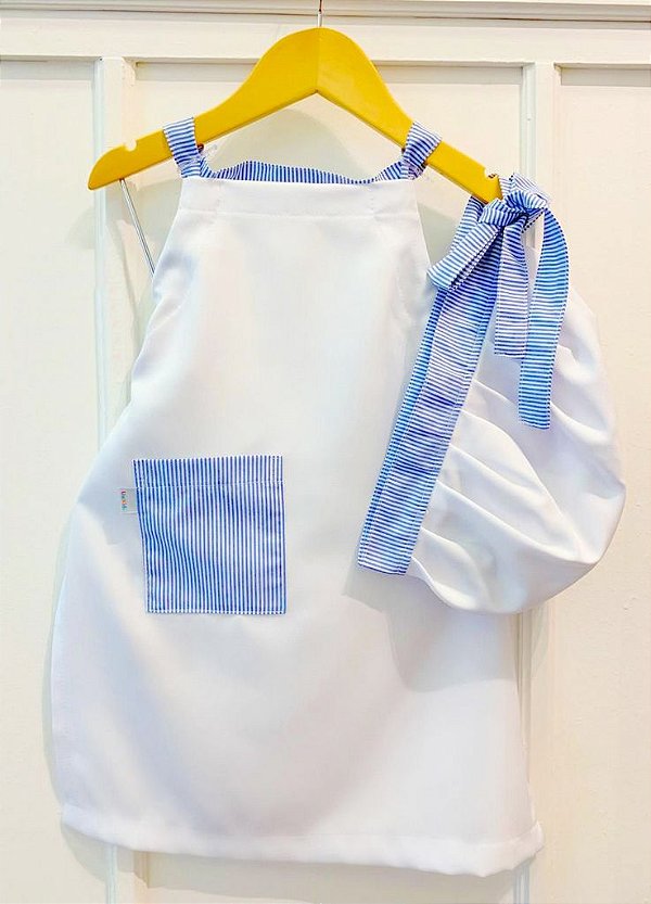 Conjunto - Avental + Gorro Infantil Unikids - Branco Com Detalhes Em Listras Azul Royal - Uniblu - Personalizado