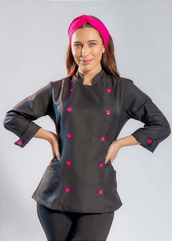 Camisa Feminina Chefe Cozinha - Dolman Stilus - Gabardine Italiano Cor- Preta Com Botões Pink- Uniblu - Personalizado