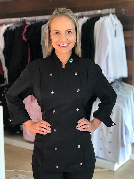 Camisa Feminina Chefe de Cozinha - Dolman Stilus - Gabardine Italiana Cor- Preta Botões Pressão cromados - Uniblu - Personalizado