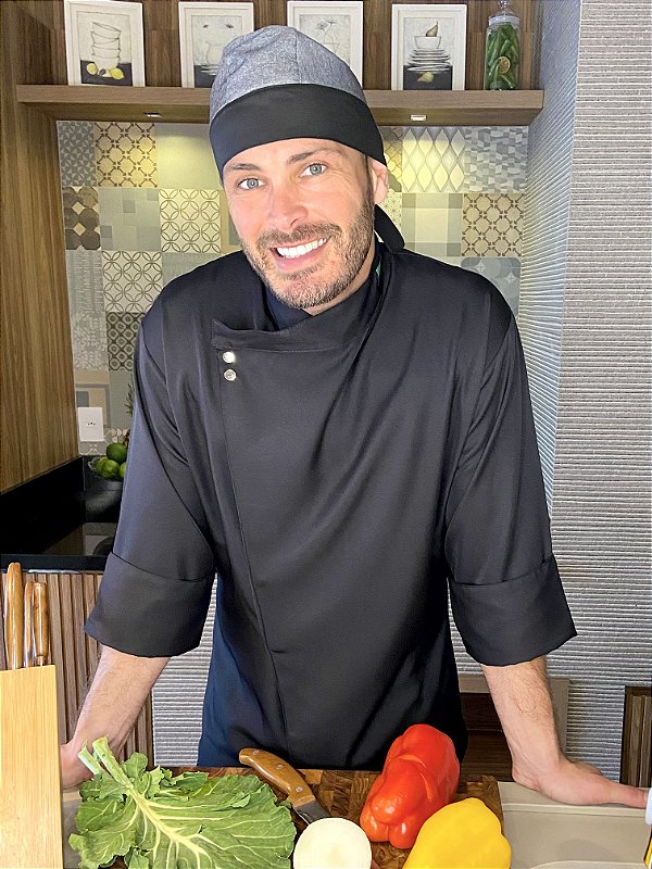 Camisa Chefe Cozinha - Dolmãn Elegance Gabardine Italiano Preto - Uniblu - Personalizado