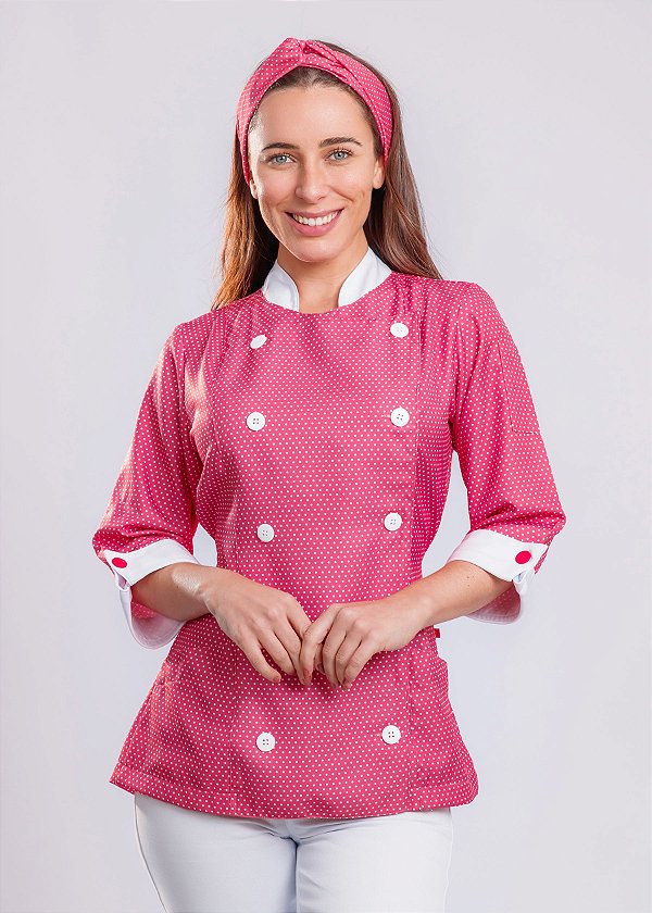Camisa Feminina Chefe Cozinha - Dolman Stilus - Poá Rosa Chiclets- Uniblu - Personalizado