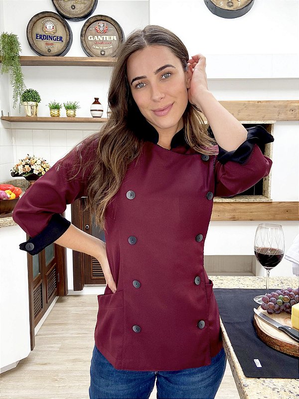 Camisa Feminina Chefe Cozinha - Dólman Stilus Bordô - Uniblu - Personalizado