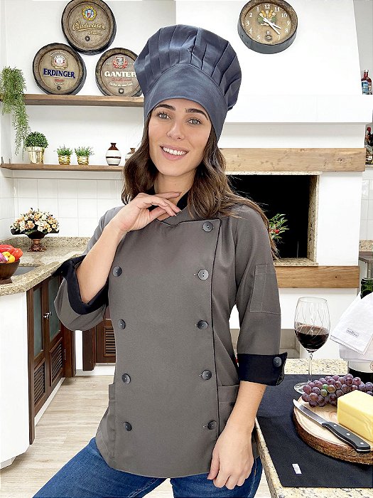 Camisa Feminina Chefe Cozinha - Dólman Stilus Chumbo - Uniblu - Personalizado