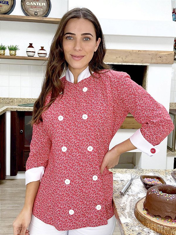 Camisa Feminina Chefe Cozinha - Dolman Stilus Floral vermelha - Uniblu - Personalizado