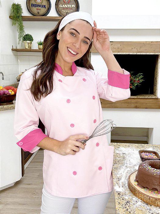 Camisa Feminina Chefe Cozinha - Dolman Stilus Rosa Bebê com Detalhes em Pink - Uniblu - Personalizado