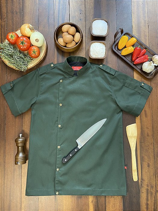 Camisa Masculina Chefe Cozinha - Dolman Farda Manga Curta - Verde Musgo - Uniblu - Personalizado
