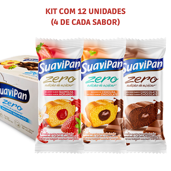 Kit Misto 12 Bolinhos Zero Açúcar - Cenoura, Chocolate e Morango