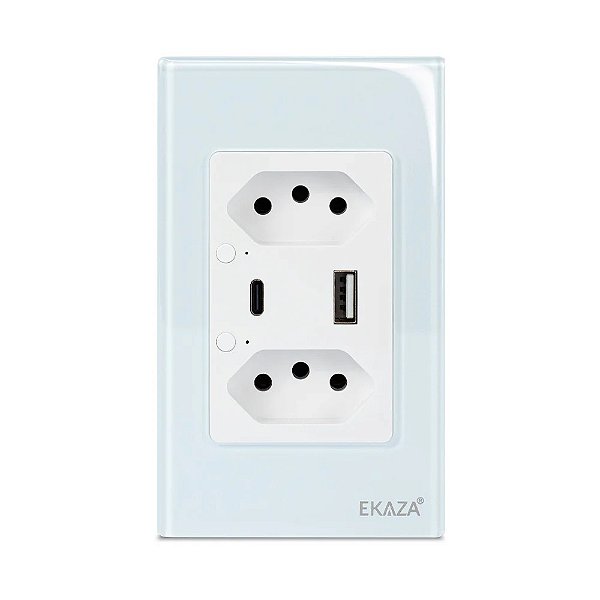 Tomada Dupla com USB-A+USB-C 16A Vidro 2.5D - BRANCA