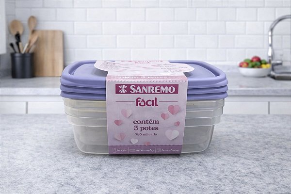 KIT 3 POTES RETANGULAR PLÁSTICO 785ML SANREMO
