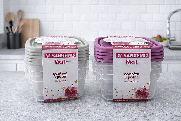 KIT 3 POTES QUADRADOS PLÁSTICO 800ML SANREMO