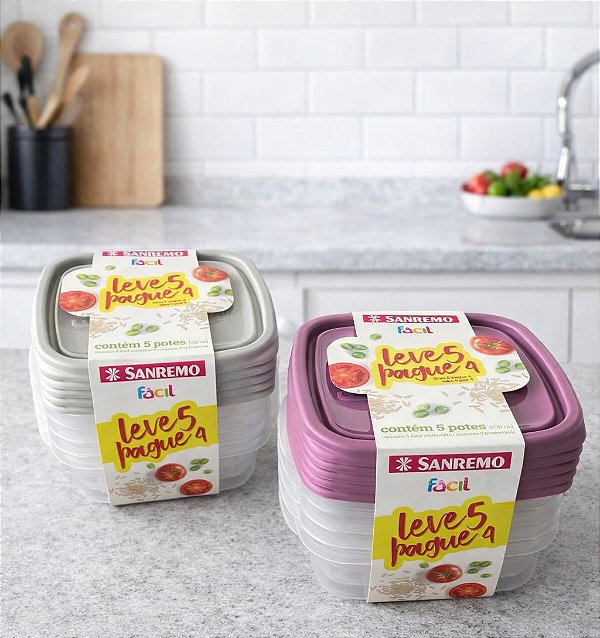 KIT 5 POTES QUADRADOS PLÁSTICO 530ML SANREMO