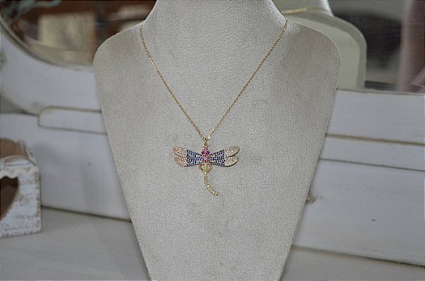 Colar Libélula em zirconias coloridas