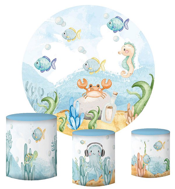 Kit Painel Redondo De Festa e Capas de Cilindro em tecido sublimado Peixinhos Fundo Do Mar