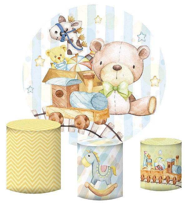Kit Painel Redondo De Festa e Capas de Cilindro em tecido sublimado Brinquedos Cute Aquarela