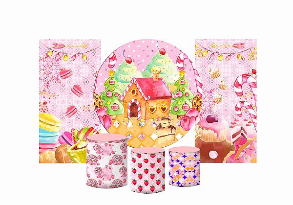 Super Kit Painel De Festa e Capas de Cilindro em tecido sublimado Doces