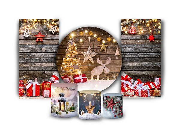 Super Kit Painel De Festa e Capas de Cilindro em tecido sublimado Natal