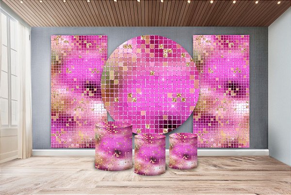 Super Kit Painel De Festa e Capas de Cilindro em tecido sublimado Shimmer Wall Pink