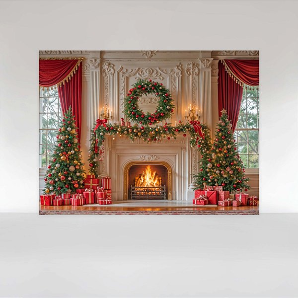 Painel de Festa em Tecido Sublimado Sala com Lareira de Natal