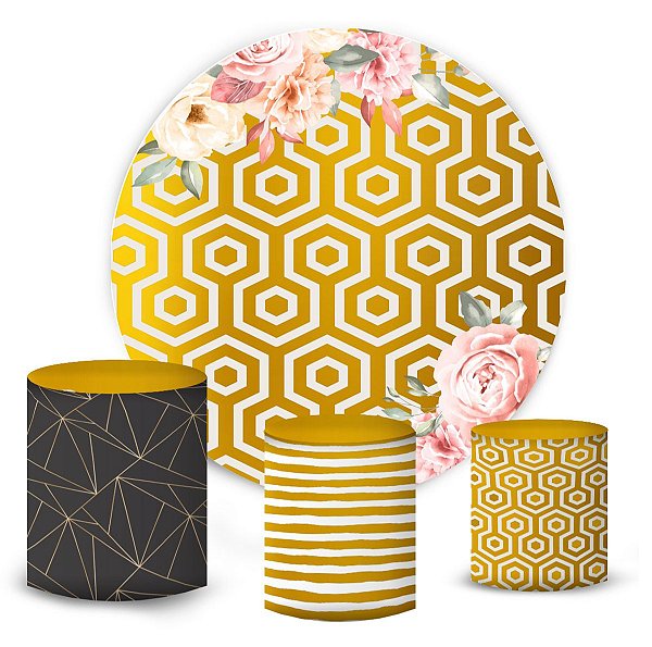 Kit Painel Redondo De Festa e Capas de Cilindro em tecido sublimado Geométrico Dourado