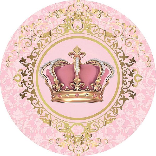 Painel de Festa Redondo em Tecido Sublimado Linda Coroa Rosa Realeza c/elástico