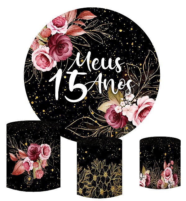 Kit Painel Redondo De Festa e Capas de Cilindro em tecido sublimado Meus 15 Anos