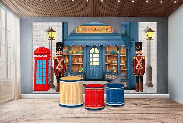 Super Kit Painel De Festa e Capas de Cilindro em tecido sublimado Fábrica de Brinquedos