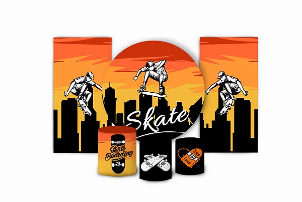 Super Kit Painel De Festa e Capas de Cilindro em tecido sublimado Skate Menino