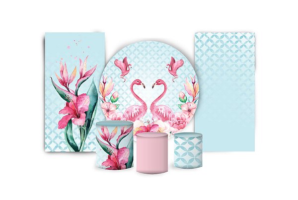 Super Kit Painel De Festa e Capas de Cilindro em tecido sublimado Flamingos Fundo Azul