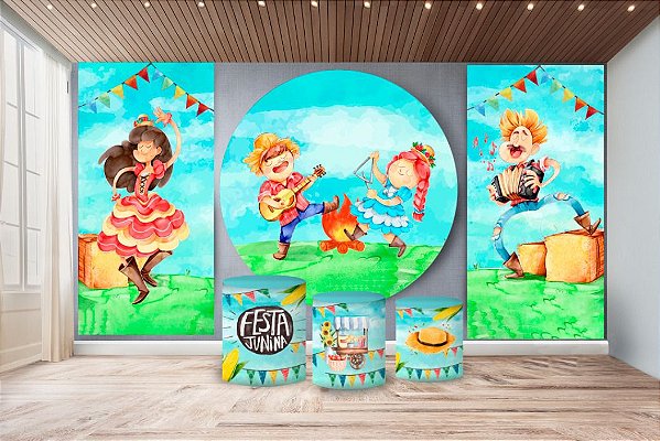 Super Kit Painel De Festa e Capas de Cilindro em tecido sublimado Festa Junina Divertida
