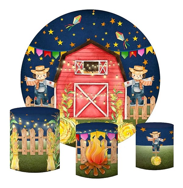 Kit Painel Redondo De Festa e Capas de Cilindro em tecido sublimado Festa Junina na Fazendinha