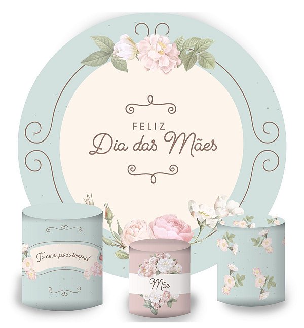 Kit Painel Redondo De Festa e Capas de Cilindro em tecido sublimado Dia das Mães Azul