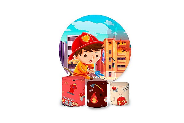 Kit Painel Redondo De Festa e Capas de Cilindro em tecido sublimado Bombeirinho