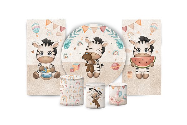 Super Kit Painel De Festa e Capas de Cilindro em tecido sublimado Zebrinha Safari
