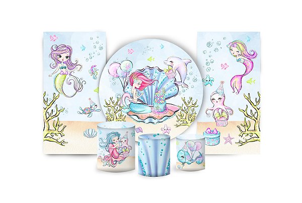 Super Kit Painel De Festa e Capas de Cilindro em tecido sublimado Aniversario das Sereias