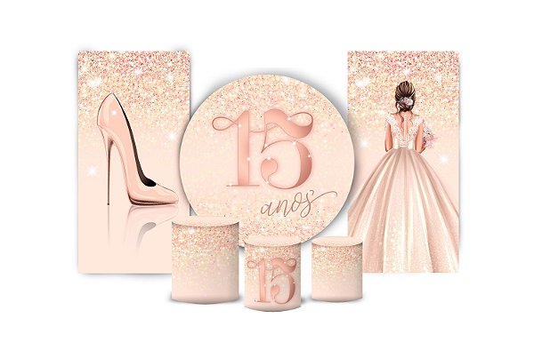 Super Kit Painel De Festa e Capas de Cilindro em tecido sublimado 15 Anos Rose Gold