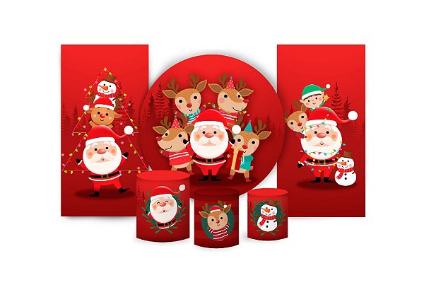 Super Kit Painel De Festa e Capas de Cilindro em tecido sublimado Turma do Natal