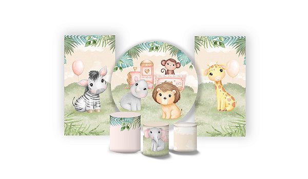 Super Kit Painel De Festa e Capas de Cilindro em Tecido sublimado Safari Candy Rosa
