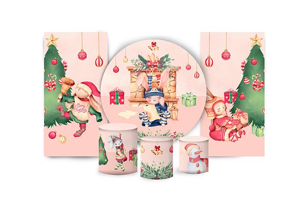 Super Kit Painel De Festa e Capas de Cilindro em Tecido Sublimado Natal Dos Coelhinhos