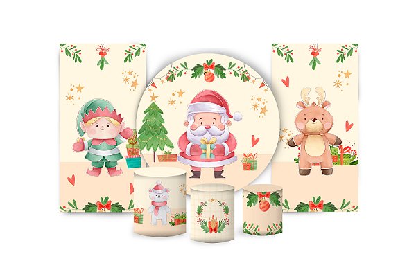 Super Kit Painel De Festa e Capas de Cilindro em Tecido Sublimado Doce Natal