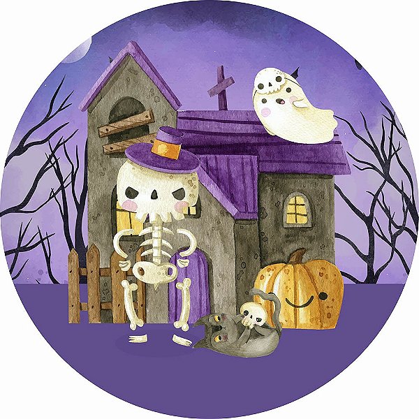 Painel de Festa Redondo em Tecido Sublimado Halloween Aquarela c/elástico