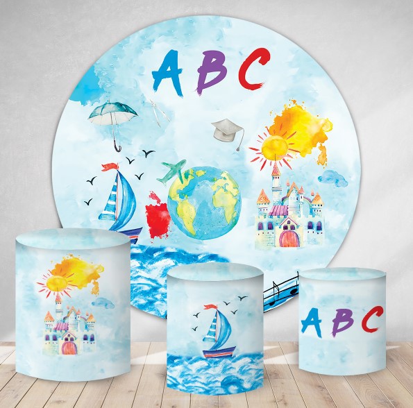 Kit Painel Redondo De Festa e Capas de Cilindro em tecido Formatura ABC aquarela