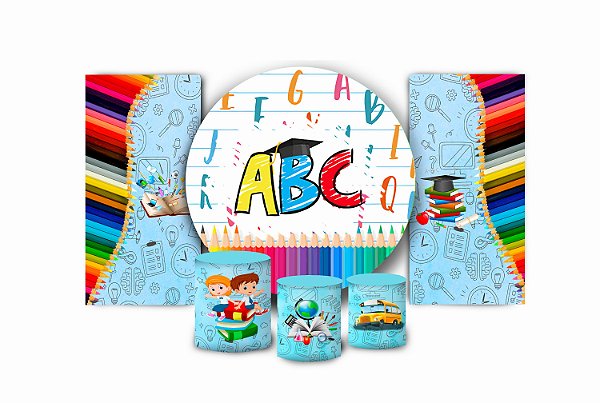 Super Kit Painel De Festa e Capas de Cilindro em tecido sublimado Formatura ABC Azul