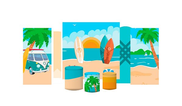 Kit Festa Pronta Painéis e Capas de Cilindro Em Tecido Surf Kids