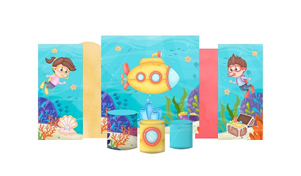 Kit Festa Pronta Painéis e Capas de Cilindro Em Tecido Submarino e Mergulhadores