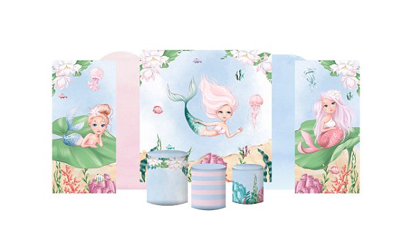 Kit Festa Pronta Painéis e Capas de Cilindro Em Tecido Sereias Candy