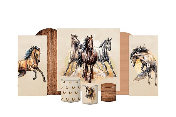 Kit Festa Pronta Painéis e Capas de Cilindro Em Tecido Cavalos