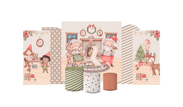 Kit Festa Pronta Painéis e Capas de Cilindro Em Tecido Casa do Noel